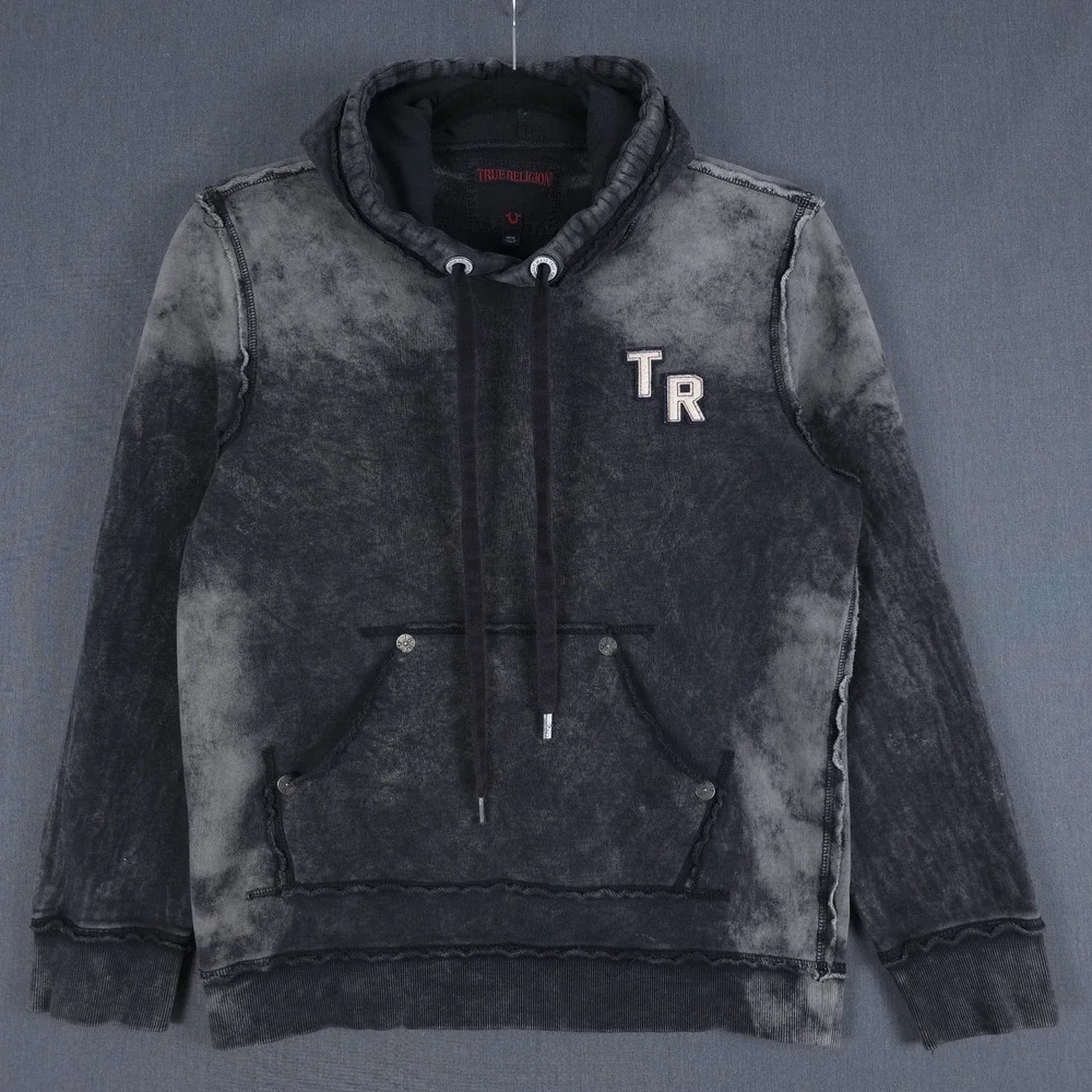 True Religion Distressed‎ Hoodie Mens Medium Gray Pullover Sweatshirt Grunge Y2K